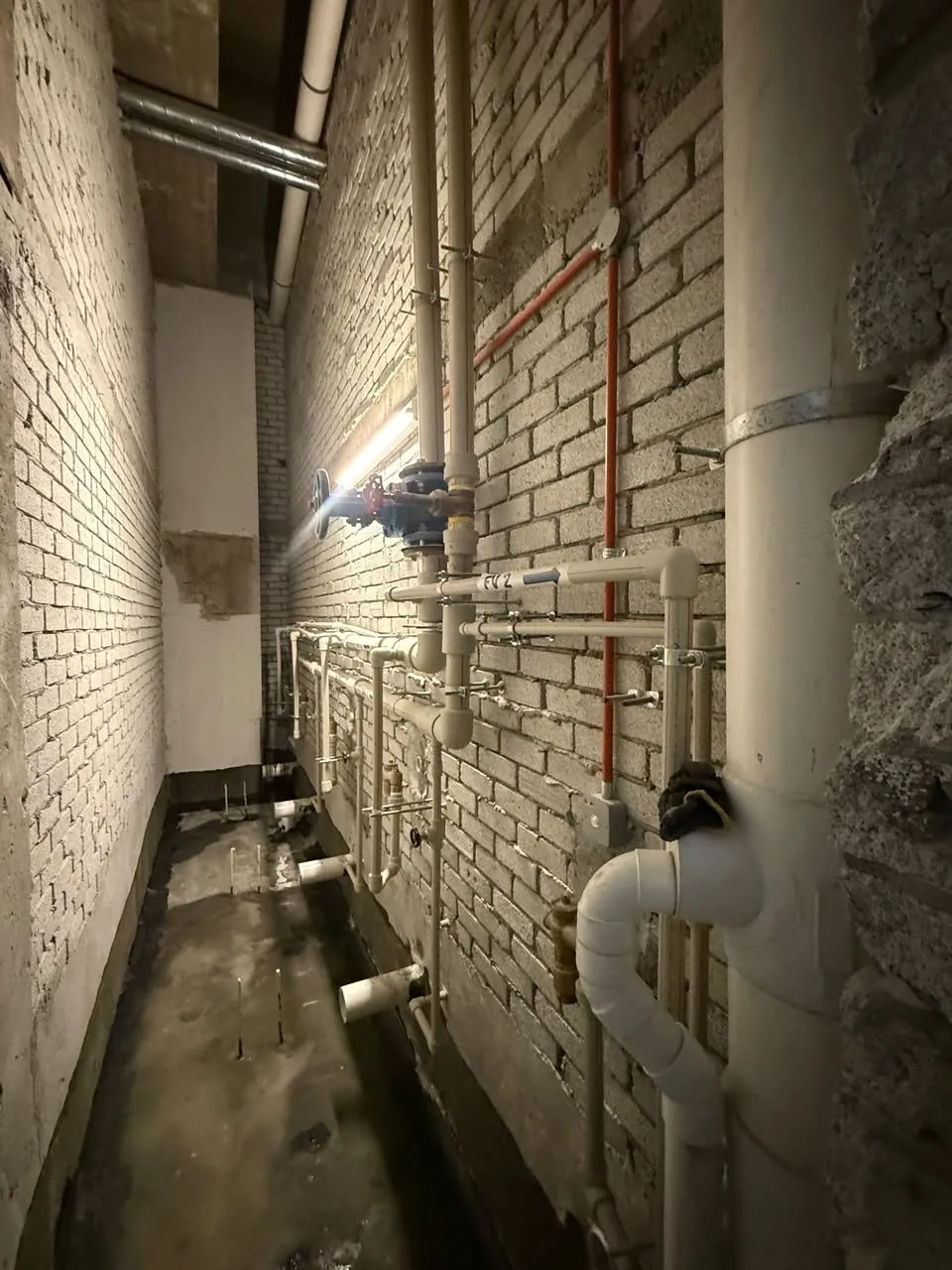New sanitary and water piping runs installed on the bare brick wall during the toilet upgrade.
